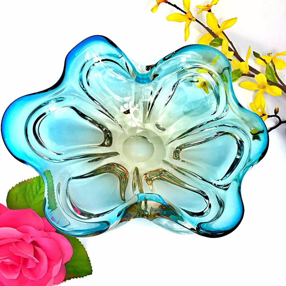 Vintage Blue Amber Czech Hand Blown Art Glass Centerpiece Bowl Freeform